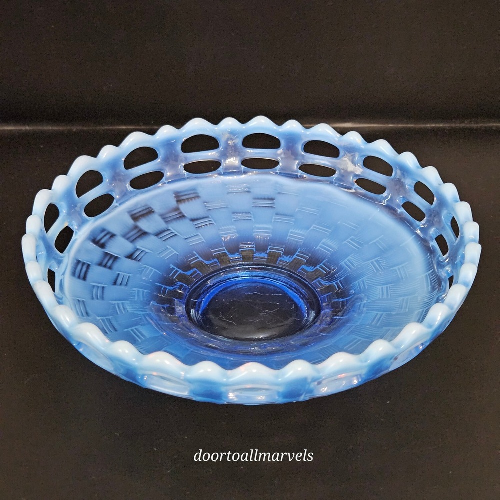Vintage Fenton Blue Opalescent Basket Weave with Open Edge 6.5" Nautical Cottage
